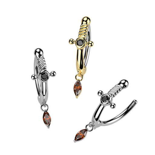 Dagger Hinged Belly Bar – silver and gold PVD 316L surgical steel with CZ stones
