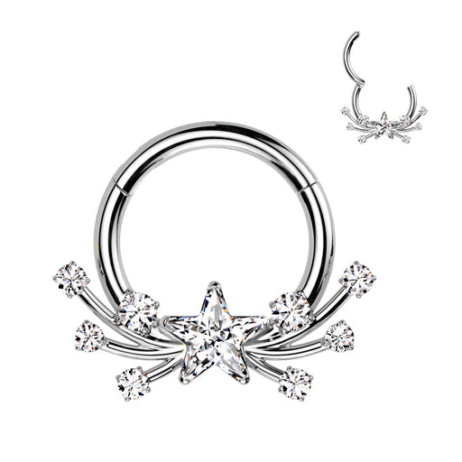 Titanium Shooting Star Hinged Ring – Silver Solid Titanium with Clear CZ Gems for Septum, Daith & Helix Piercings