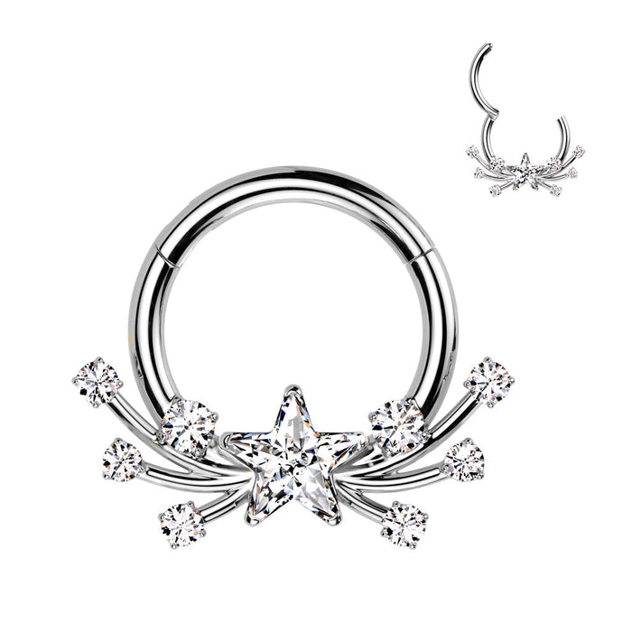 Titanium Shooting Star Hinged Ring – Silver Solid Titanium with Clear CZ Gems for Septum, Daith & Helix Piercings