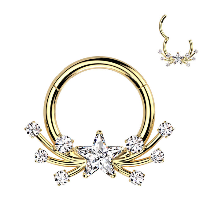 Titanium Shooting Star Hinged Ring –Gold Solid Titanium with Clear CZ Gems for Septum, Daith & Helix Piercings