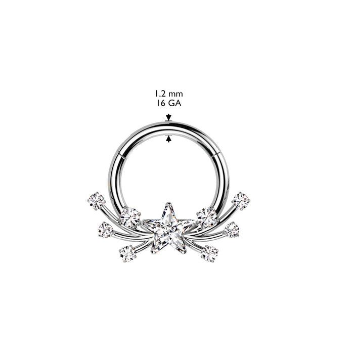 Titanium Shooting Star Hinged Ring with measurements – Silver or Gold Solid Titanium with Clear CZ Gems for Septum, Daith & Helix Piercings