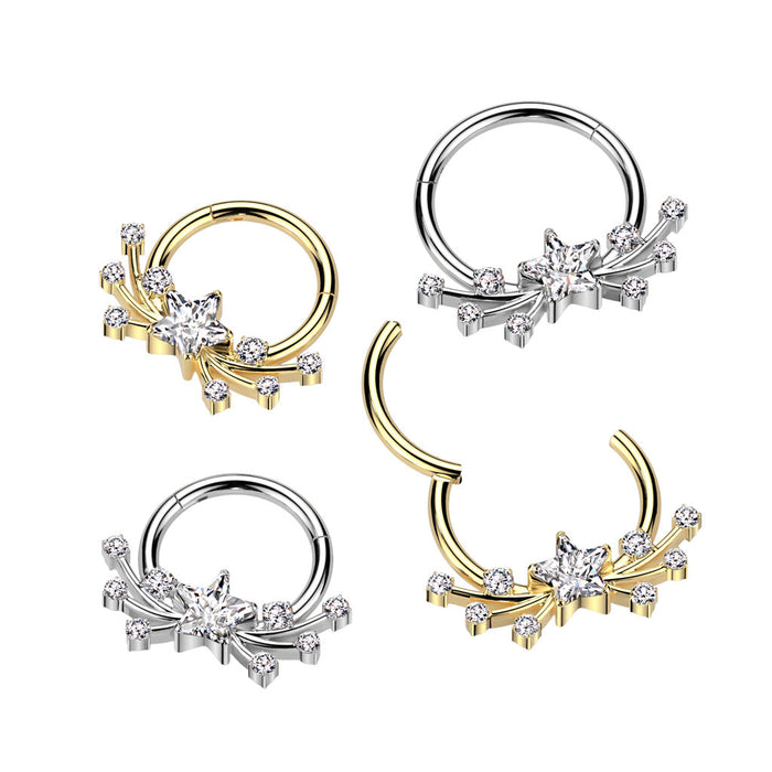 Titanium Shooting Star Hinged Ring – Silver or Gold Solid Titanium with Clear CZ Gems for Septum, Daith & Helix Piercings