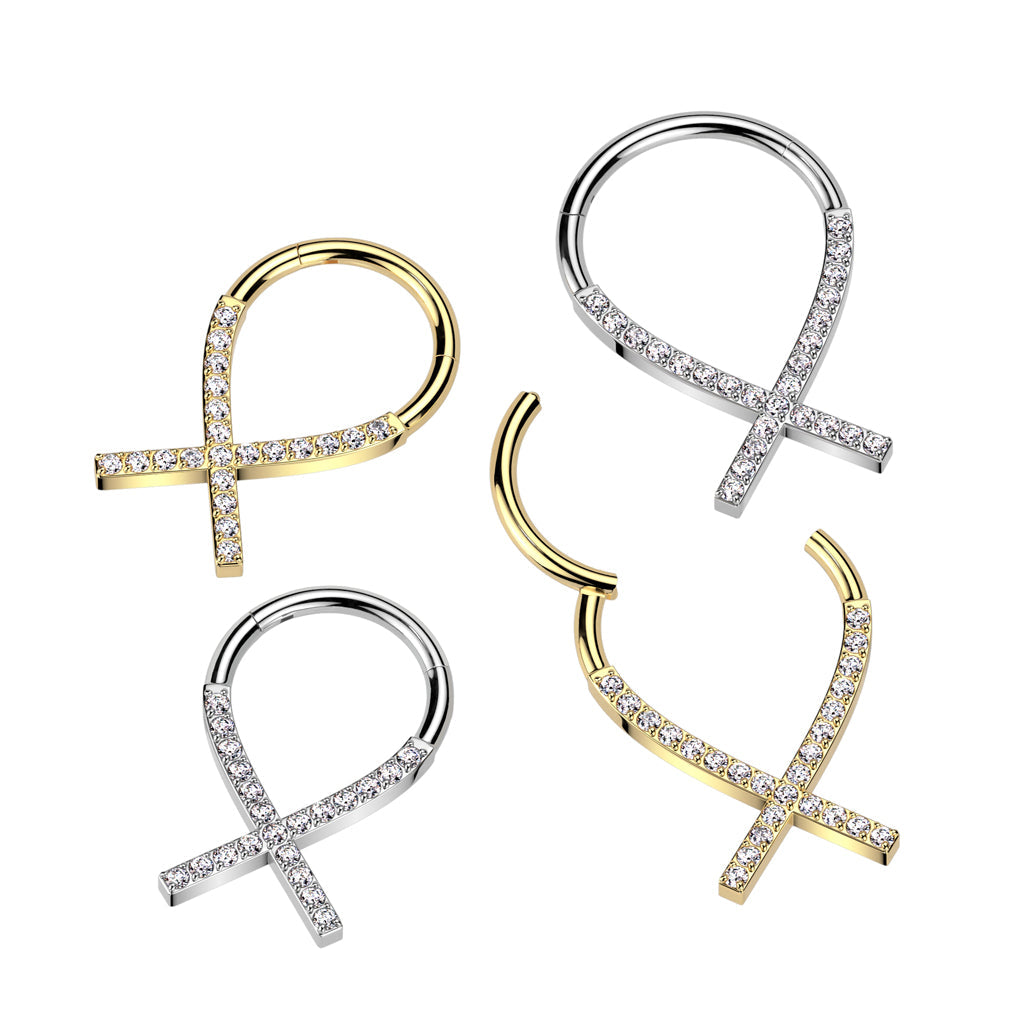 Titanium Cross Paved Hinged Ring