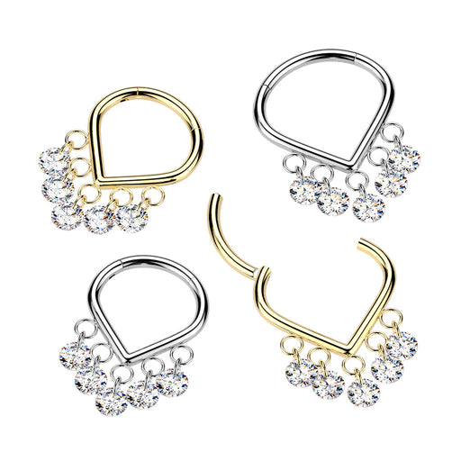 Titanium Chevron Gem Dangle Hinged Ring – Silver or Gold PVD Solid Titanium with Clear CZ Gems for Septum, Daith & Helix Piercings