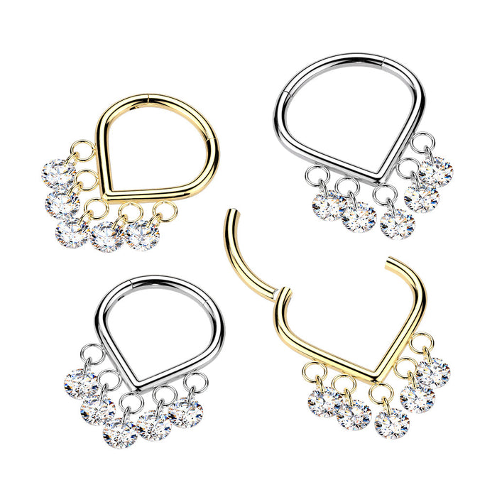 Titanium Chevron Gem Dangle Hinged Ring – Silver or Gold PVD Solid Titanium with Clear CZ Gems for Septum, Daith & Helix Piercings