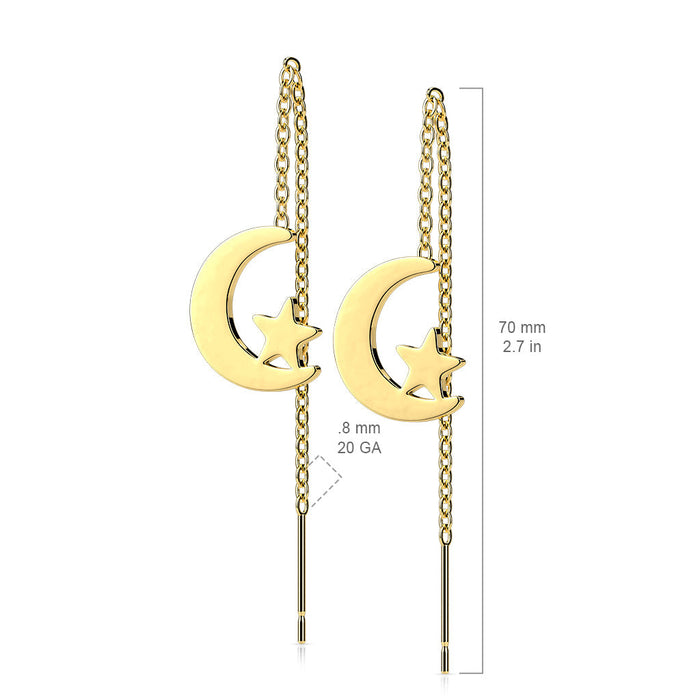 Gold earrings with moon and star designs with measurements on a white background