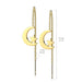 Gold earrings with moon and star designs with measurements on a white background