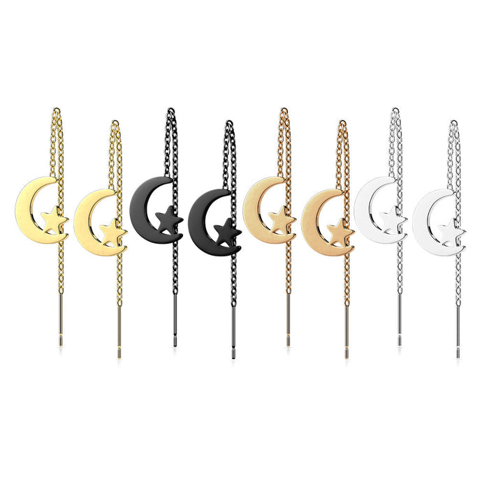 Set of moon and star earrings in gold, black, and silver on a white background