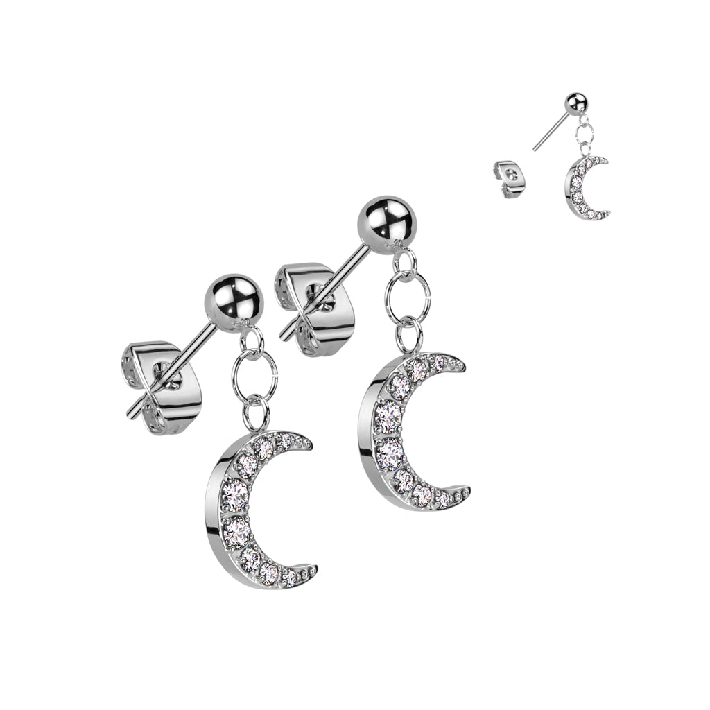 Silver earrings with moon designs on a white background