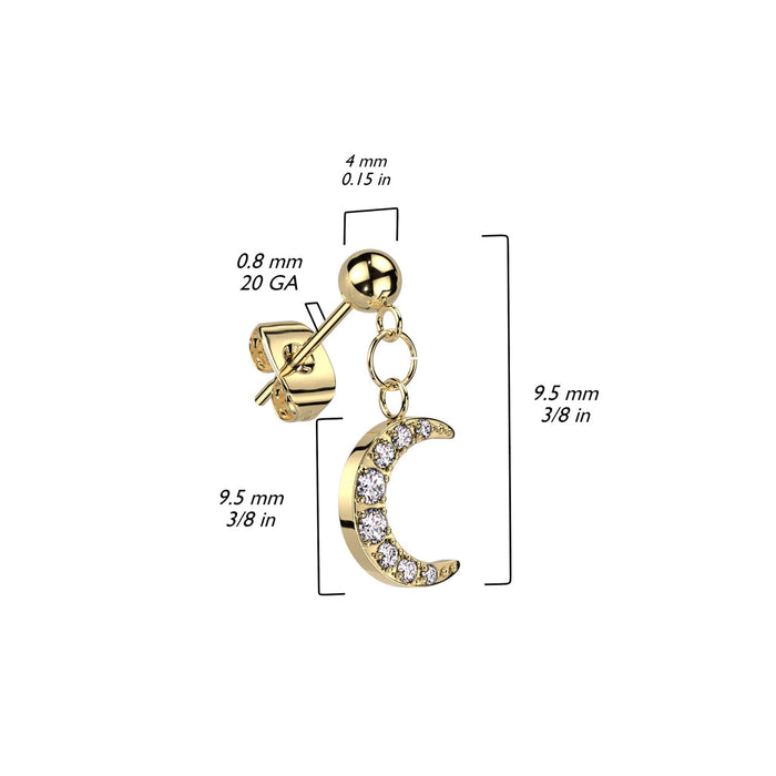 Gold earring with a moon charm and measurements on a white background