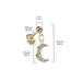 Gold earring with a moon charm and measurements on a white background