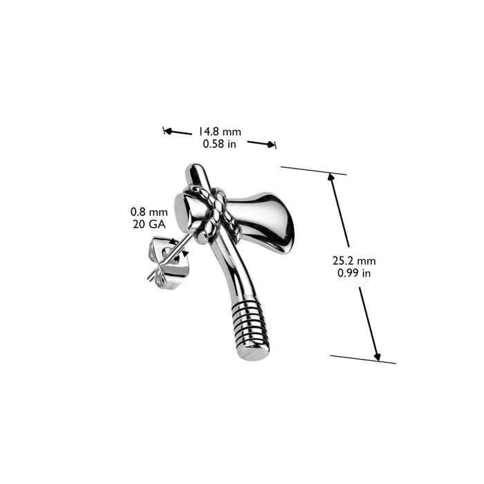 Silver earring with dimensions labeled on a white background