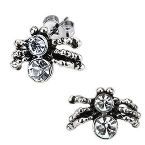 Silver-toned spider-shaped stud earrings with clear rhinestones, shown on a white background with a black post icon and the word 'Post' in the top right.