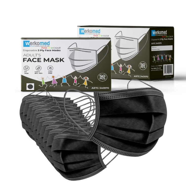 Werkomed Black Face Mask With Earloops 3 Ply 50pc