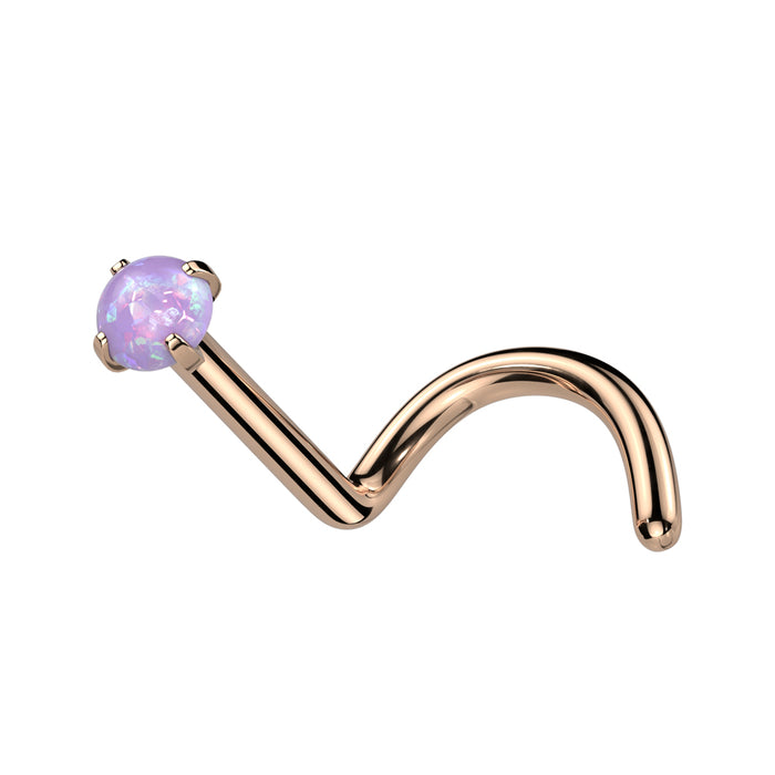 Rose gold nose ring with a purple gemstone on a white background