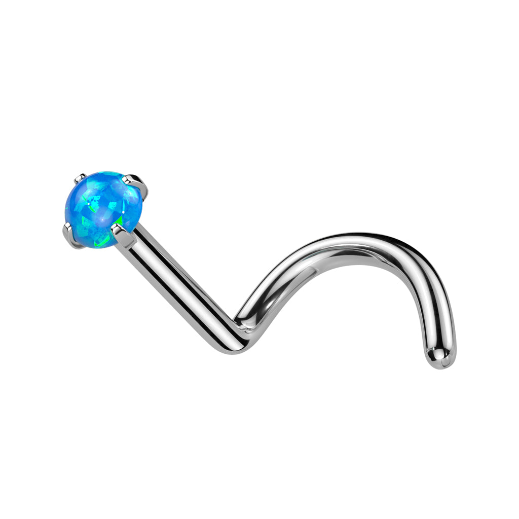 Silver nose ring with a blue opal stone on a white background
