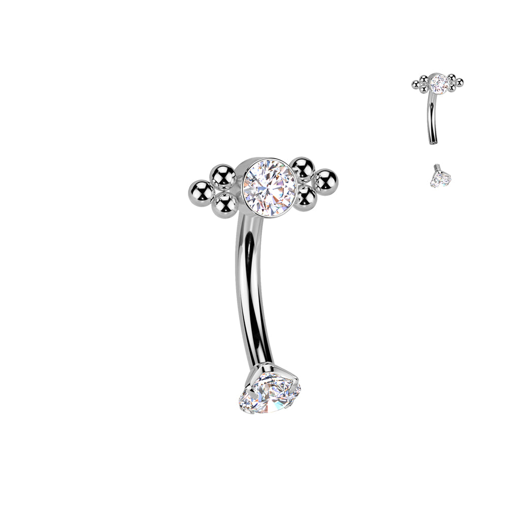 Titanium I.T. Beaded Gem Curve 16G Silver – Solid Titanium with CZ Gems for Eyebrow, Rook & Vertical Labret Piercings