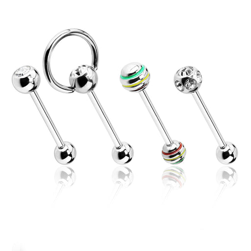4pc Tongue Barbell Pack – 316L Surgical Steel with Mixed Gem and Rasta Designs for Tongue or Nipple PiercingsPiercing