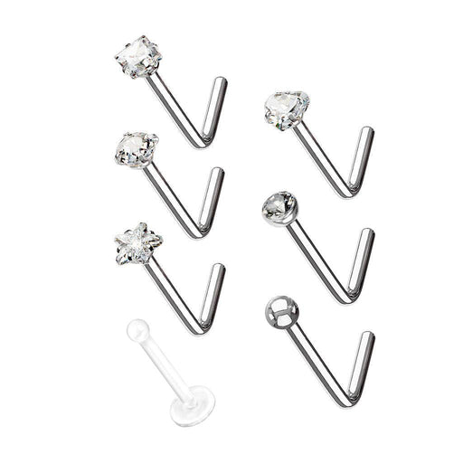 6pc Gem Nose L Bend and Retainer 20G-My Body Piercing Jewellery