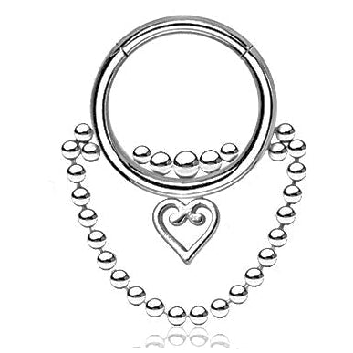 Heart Chain Hinged Ring – Silver 316L Surgical Steel with Heart-Link Chain for Septum, Daith & Helix Piercings
