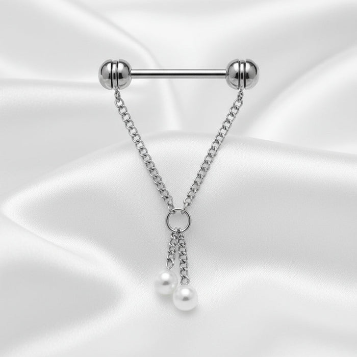 Grey Pearl Chain Nipple Dangle – 316L Stainless Steel 14G Barbell with Twin Grey Acrylic Pearls and Chain Design on white satin background