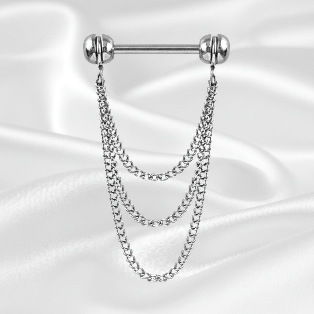 Triple Chain Nipple Dangle – 316L Stainless Steel 14G Barbell with Three Elegant Hanging Chains on white silk background