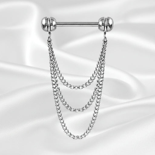 Triple Chain Nipple Dangle – 316L Stainless Steel 14G Barbell with Three Elegant Hanging Chains on white silk background
