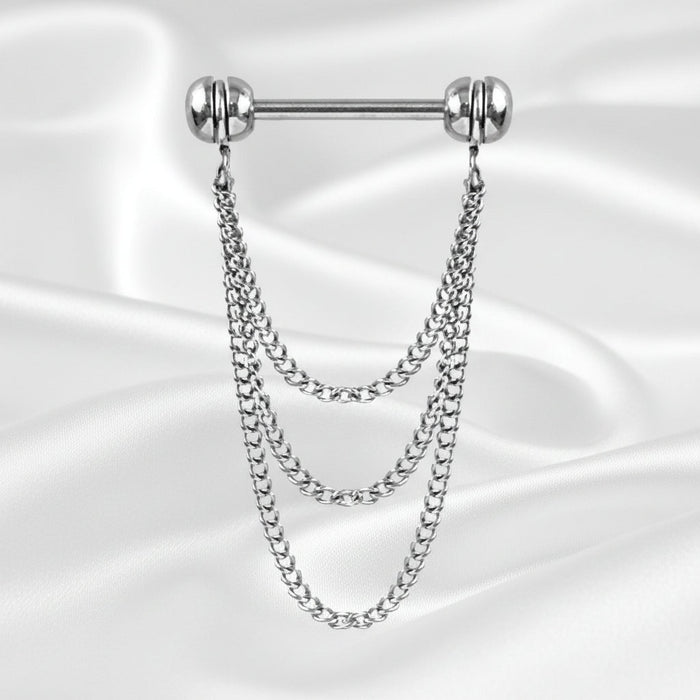 Triple Chain Nipple Dangle – 316L Stainless Steel 14G Barbell with Three Elegant Hanging Chains on white silk background