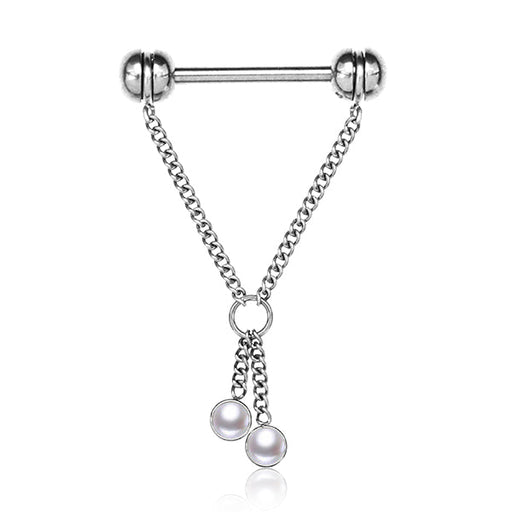 Grey Pearl Chain Nipple Dangle – 316L Stainless Steel 14G Barbell with Twin Grey Acrylic Pearls and Chain Design on white background