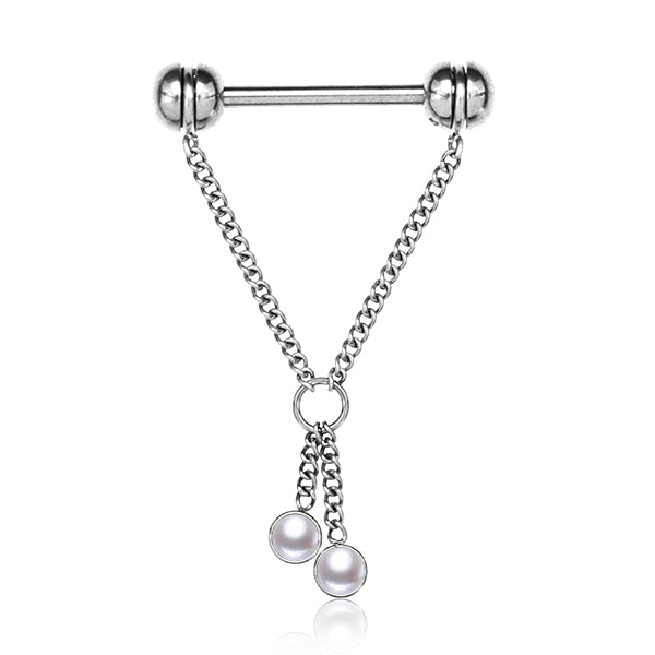 Grey Pearl Chain Nipple Dangle – 316L Stainless Steel 14G Barbell with Twin Grey Acrylic Pearls and Chain Design on white background