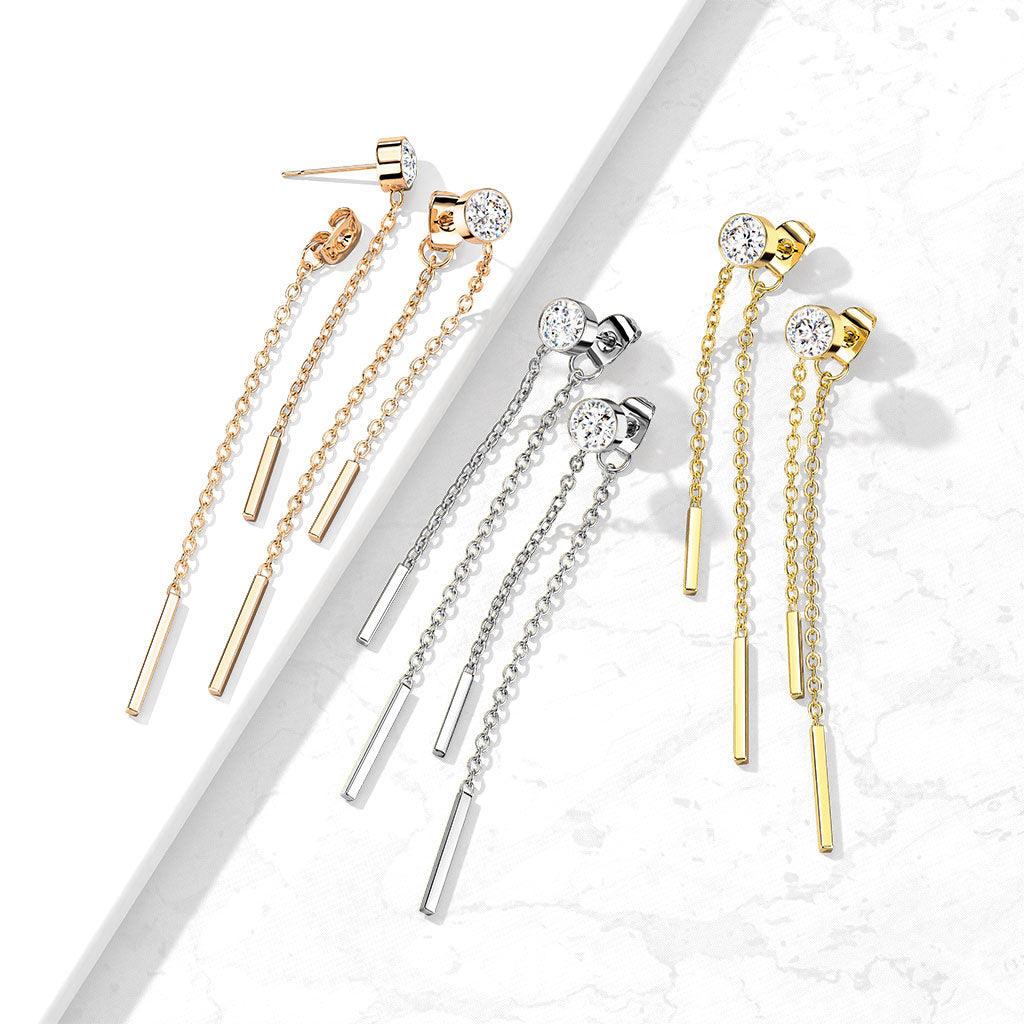 Bezel Gem Chain Earrings Pair - My Body Piercing Jewellery