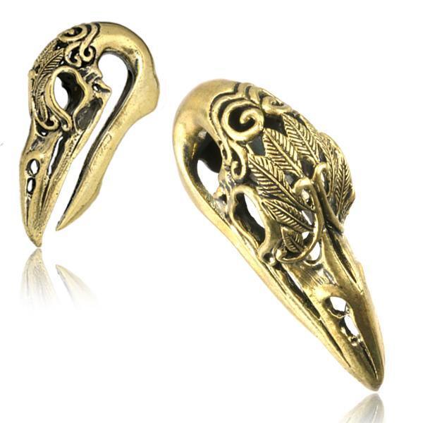 Brass Crow Skull Feather Ear Weights PAIR-My Body Piercing Jewellery