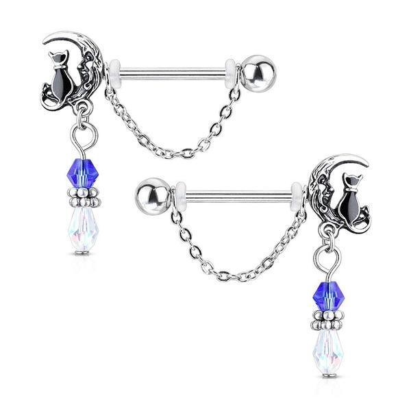 Cat and Moon Nipple Dangle PAIR 14G-My Body Piercing Jewellery