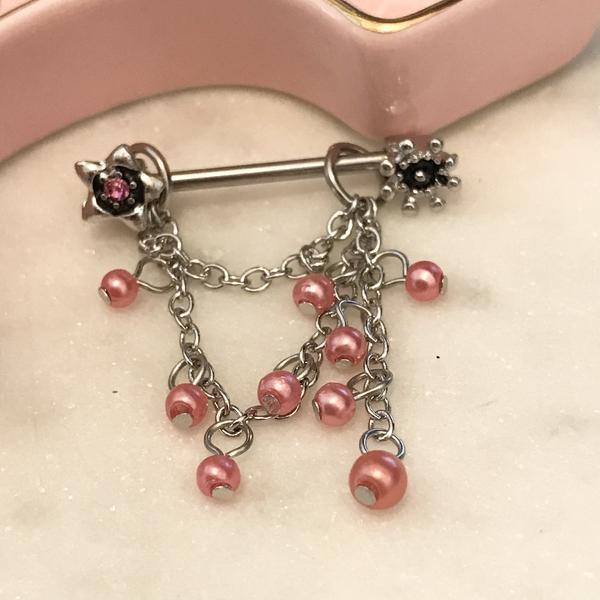 Chain and Pearl Bead Nipple Dangle PAIR 14G-My Body Piercing Jewellery
