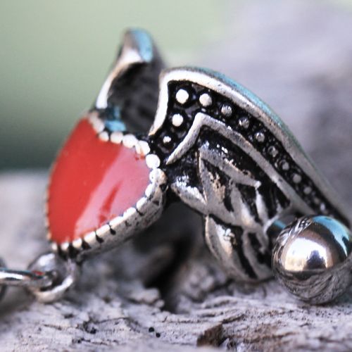 Winged Heart Cartilage Cuff – 316L Stainless Steel Red Enamel Winged Heart with Hanging Balls up close detail