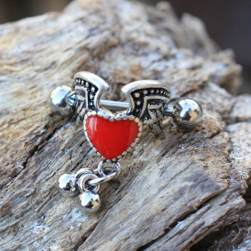 Winged Heart Cartilage Cuff – 316L Stainless Steel Red Enamel Winged Heart with Hanging Balls on wood display
