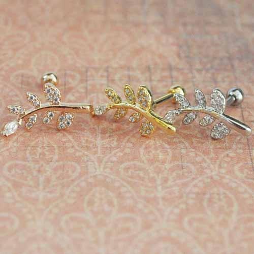 Gem Paved Leaf Cartilage Bar 16G-My Body Piercing Jewellery