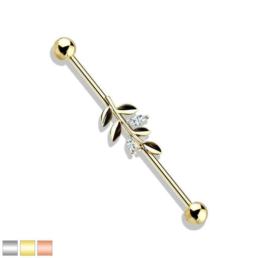 Gold Plated Leaf Industrial 14G 38mm-My Body Piercing Jewellery