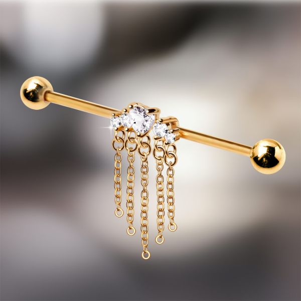 Heart Chain Dangle Industrial Bar – Gold 316L Surgical Steel with CZ Gem Hearts and Chain Drops for Industrial Piercing with marbled background