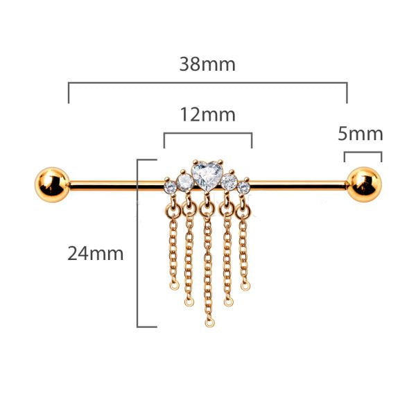 Heart Chain Dangle Industrial Bar – Gold 316L Surgical Steel with CZ Gem Hearts and Chain Drops for Industrial Piercing with measurements