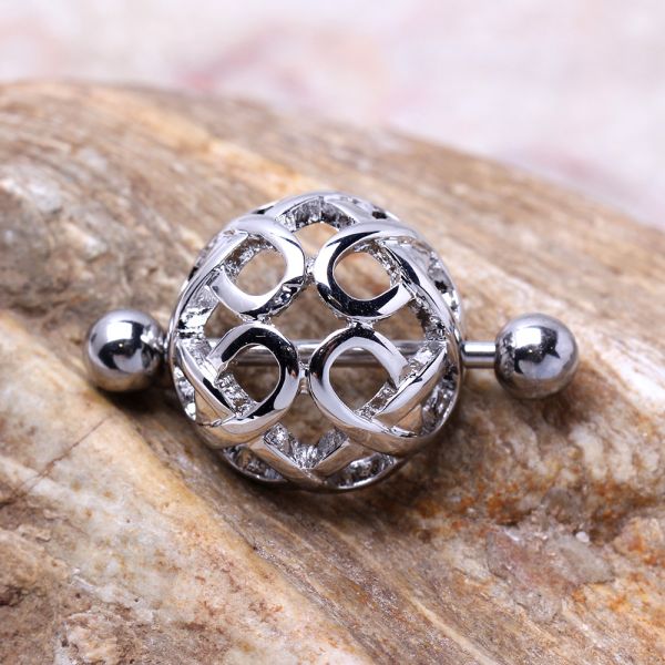Dome Nipple Cuff – 316L Stainless Steel Barbell with Ornate Polished Dome Shield Design on stone background