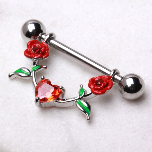 Heart and Roses Nipple Dangle – 316L Stainless Steel Red Enamel Roses with Heart CZ and Green Leaf Detail on a white background
