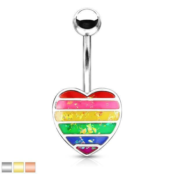 Opal Glitter Pride Heart Belly Bar 14G-My Body Piercing Jewellery