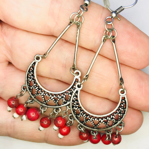 Red Vintage Crescent Beaded Earring Pair - My Body Piercing Jewellery