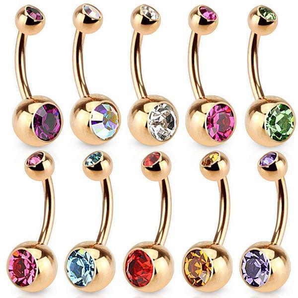 Rose Gold Plated Gem Ball Belly Bar 14G 16G-My Body Piercing Jewellery