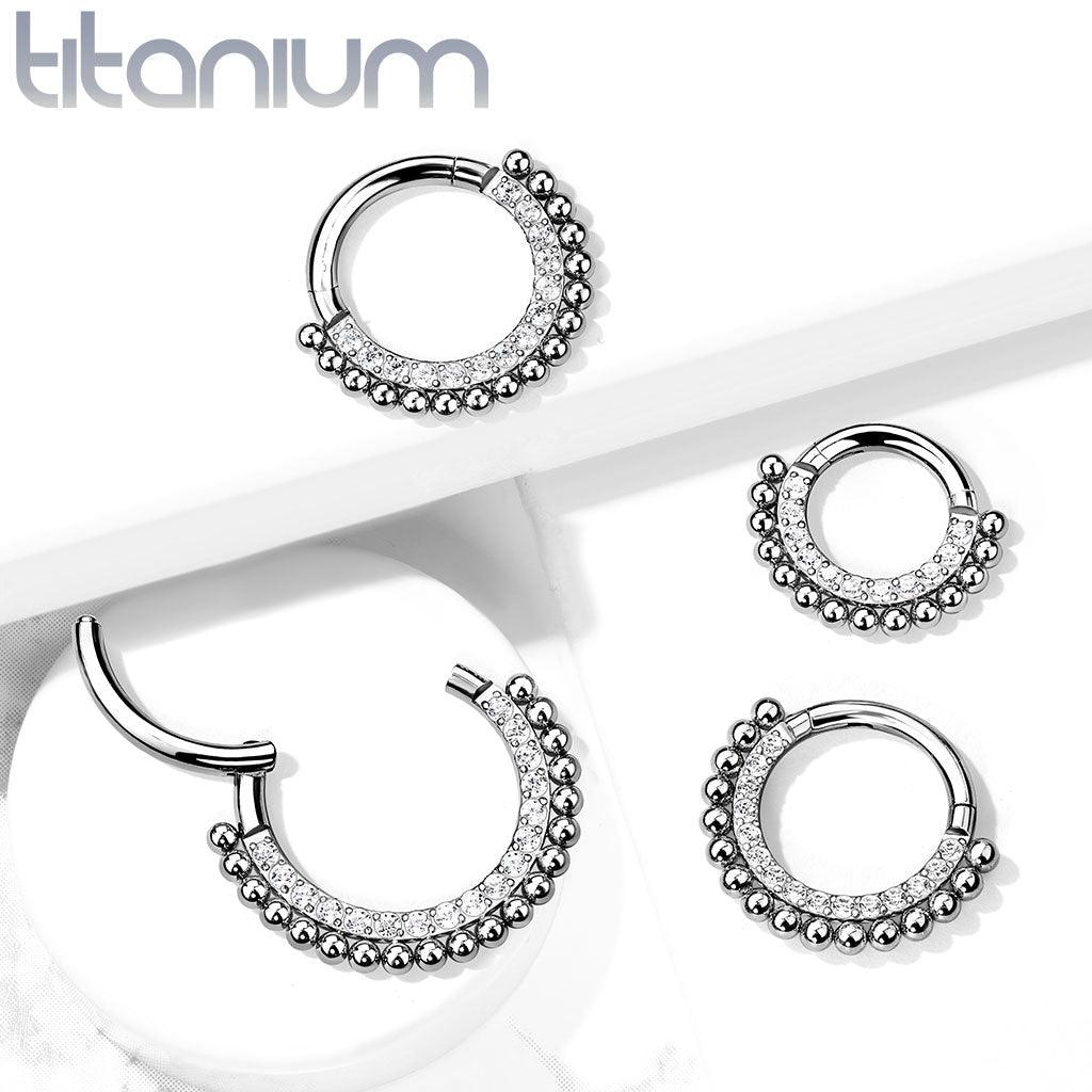Body Jewelry - Titanium Beaded And Paved Hinged Ring 16G