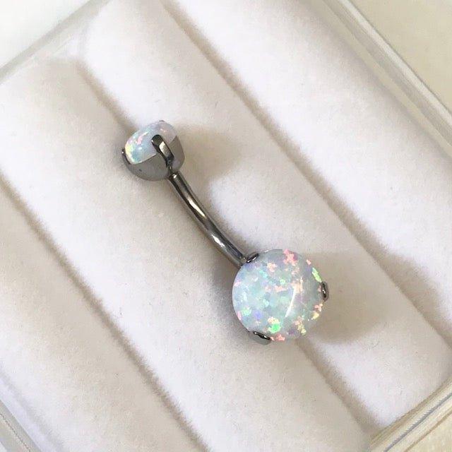 Body Jewelry - Titanium Double Opal Prong Belly Bar 14G