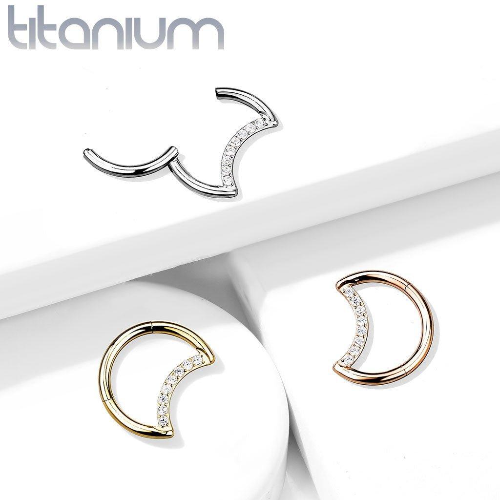 Body Jewelry - Titanium Gem Moon Hinged Ring 16G