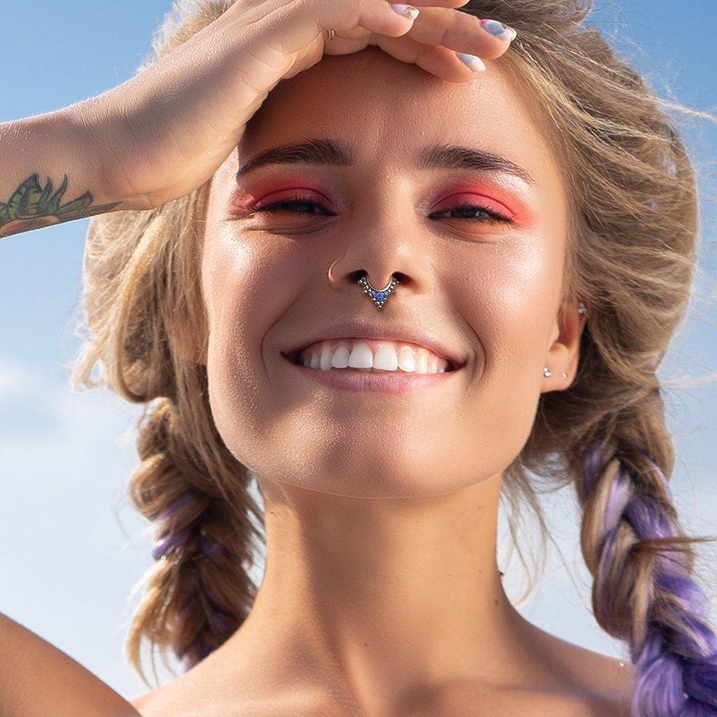 Body Jewelry - Titanium Opal Bead Cluster Hinged Ring 16G