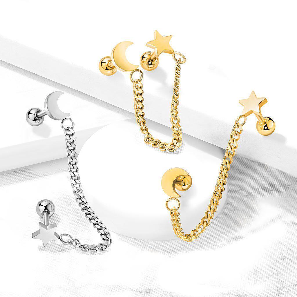 Body Jewelry - Star And Moon Cartilage Chain 16G